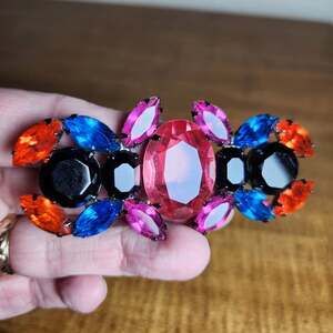 Vintage Multicolor Rhinestone Fruit Salad Brooch Pink Center 3" X 1 1/4" Prong